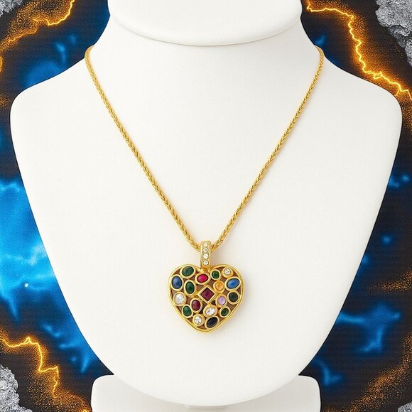 ποΈ Boho Chic Colorful Gem Heart Necklace 18K Gold Plated Stainless Steel - Picture 3 of 14